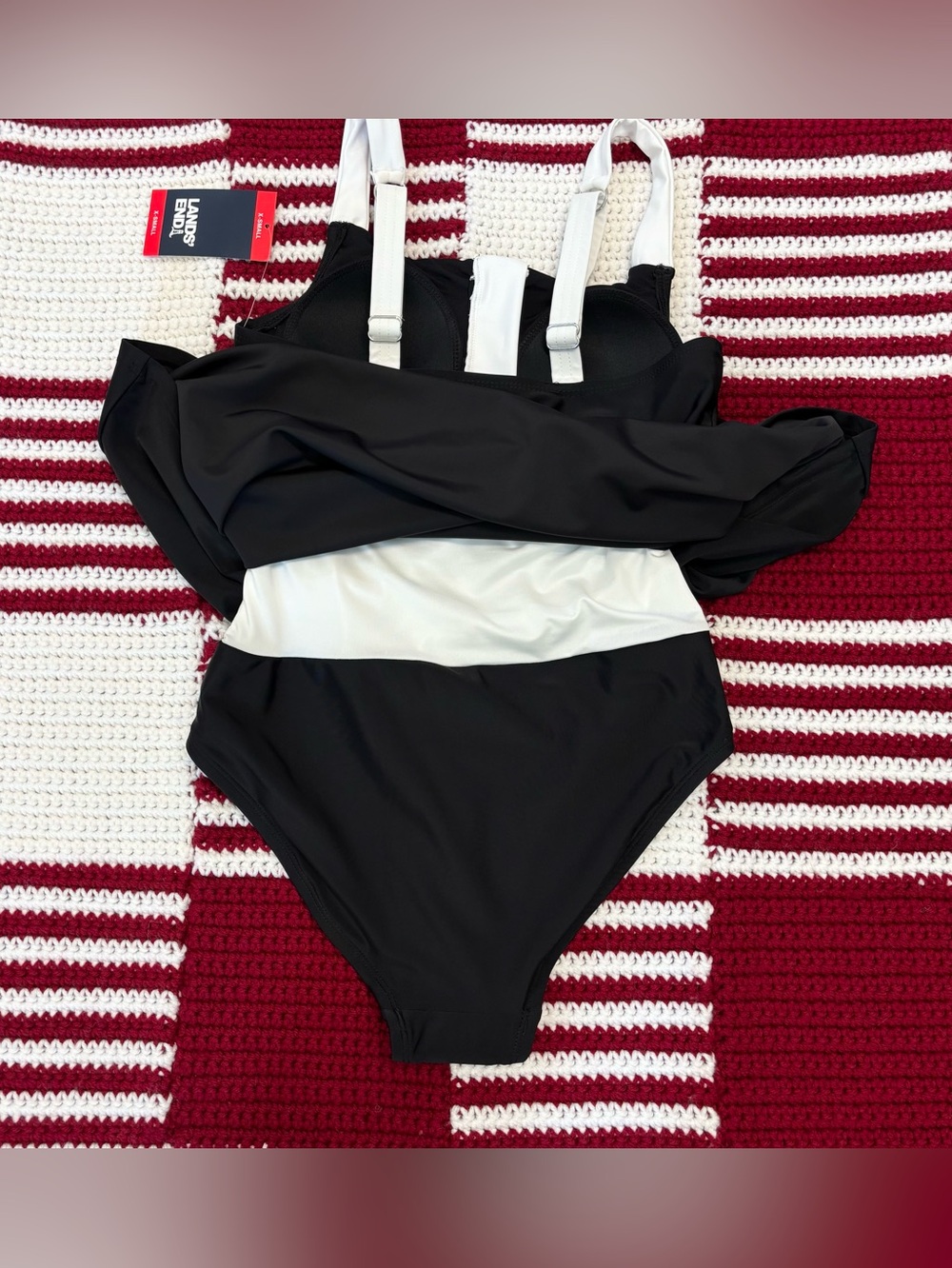 NWT Lands' End Women Zipper Front Swim Dress, Sz XS, Black with White Trim - Picture 6 of 16